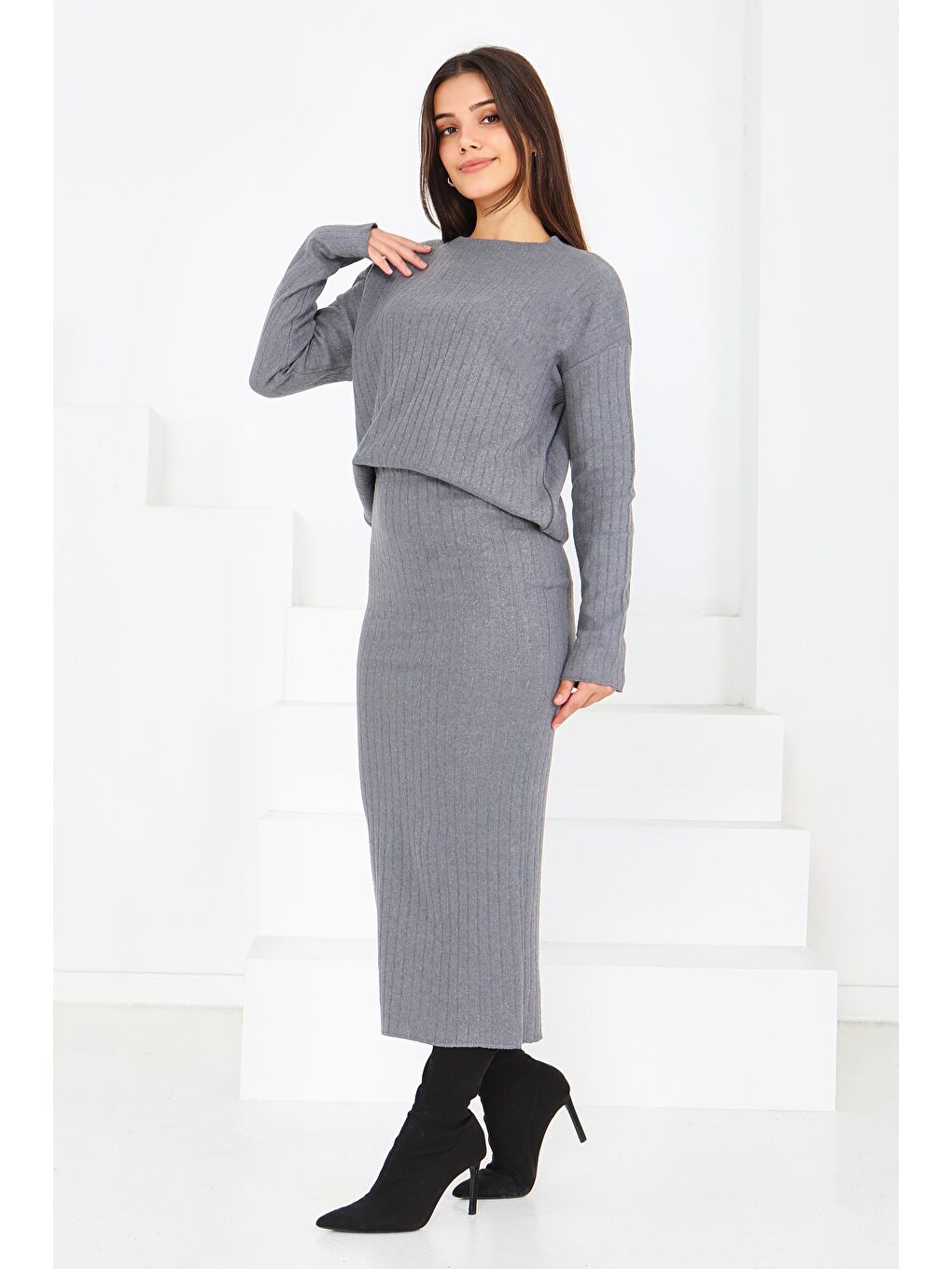 Gri İnterlok Bluz Etekli Takım Füme - 27814-FUME-3