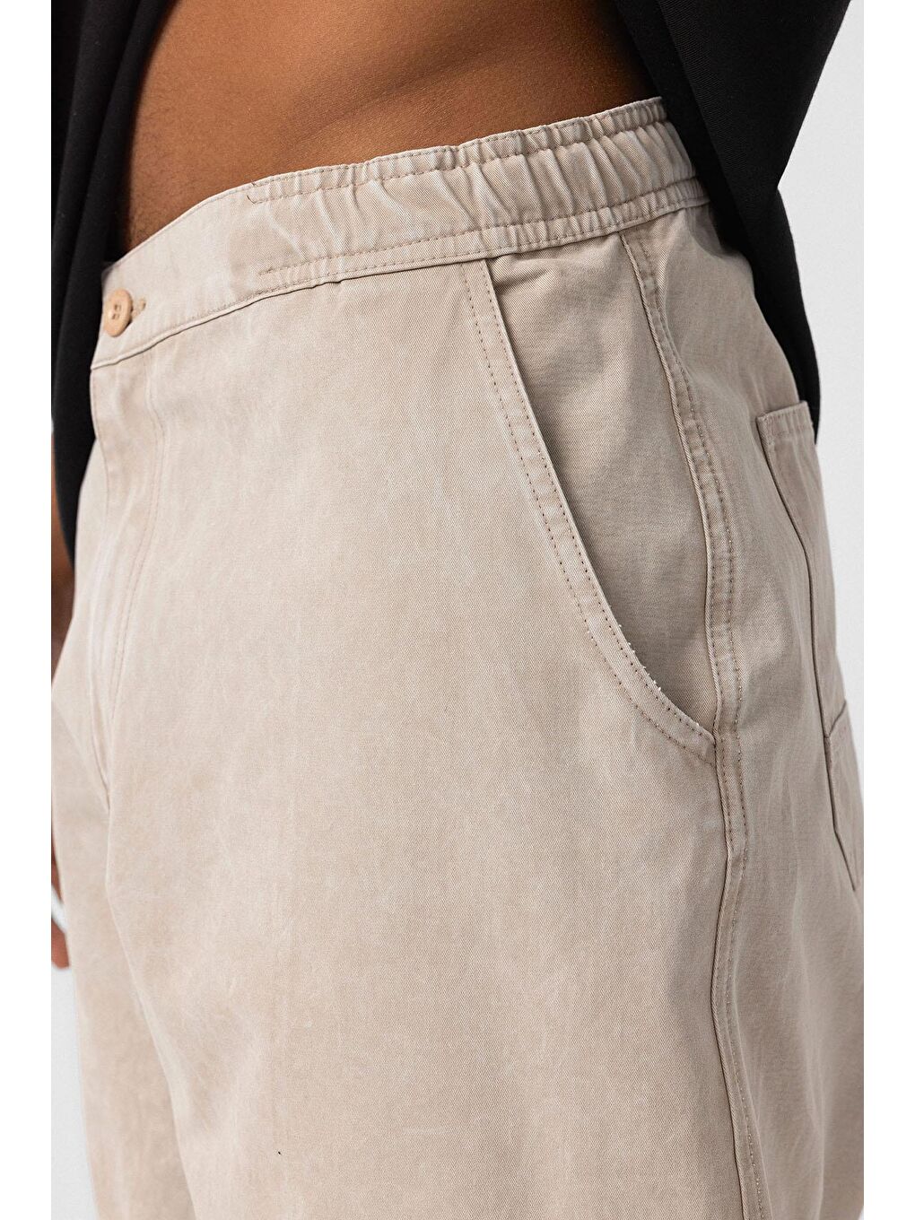 Yıkamalı Baggy Gabardin Erkek Pantolon Bej-5