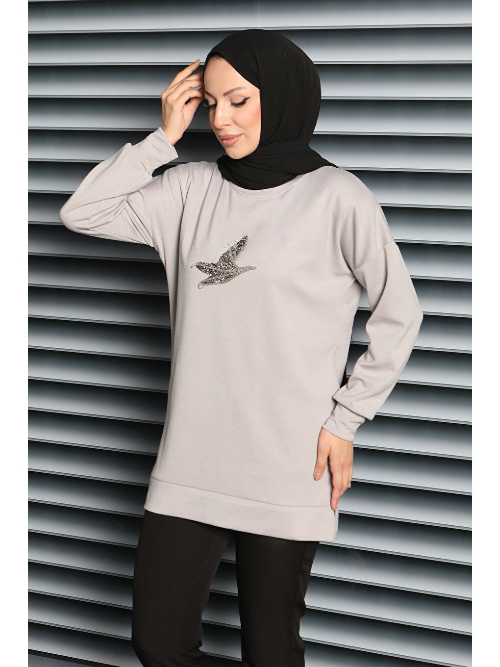 Kuş Taşlı İşlemeli Modal Tunik Gri - 27874-GRI-1