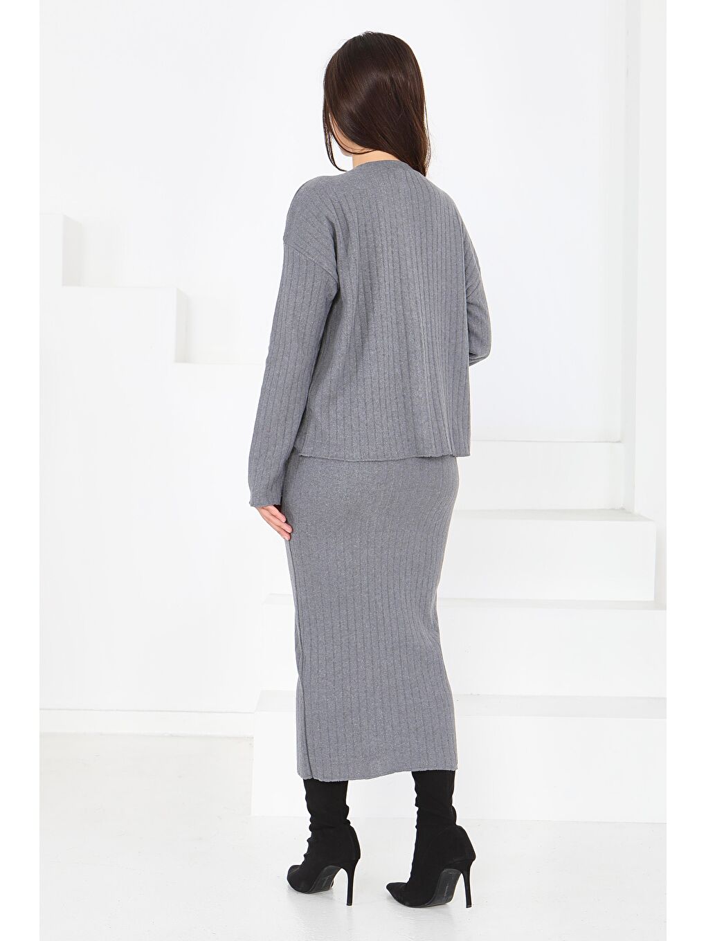 Gri İnterlok Bluz Etekli Takım Füme - 27814-FUME-4