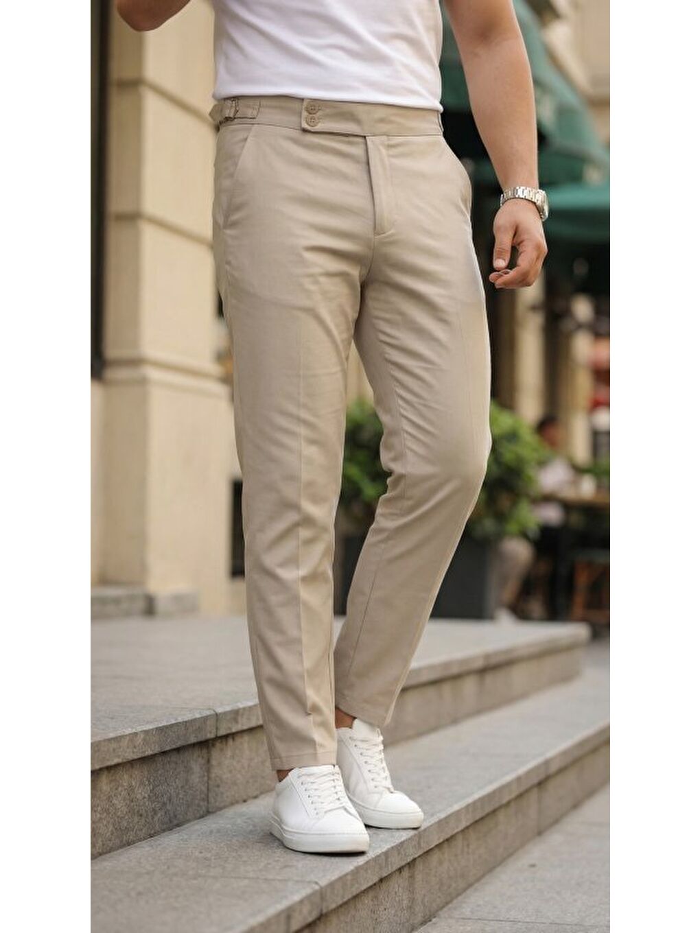Bej Erkek Toka Detaylı Oldmoney Kumaş Pantolon-1