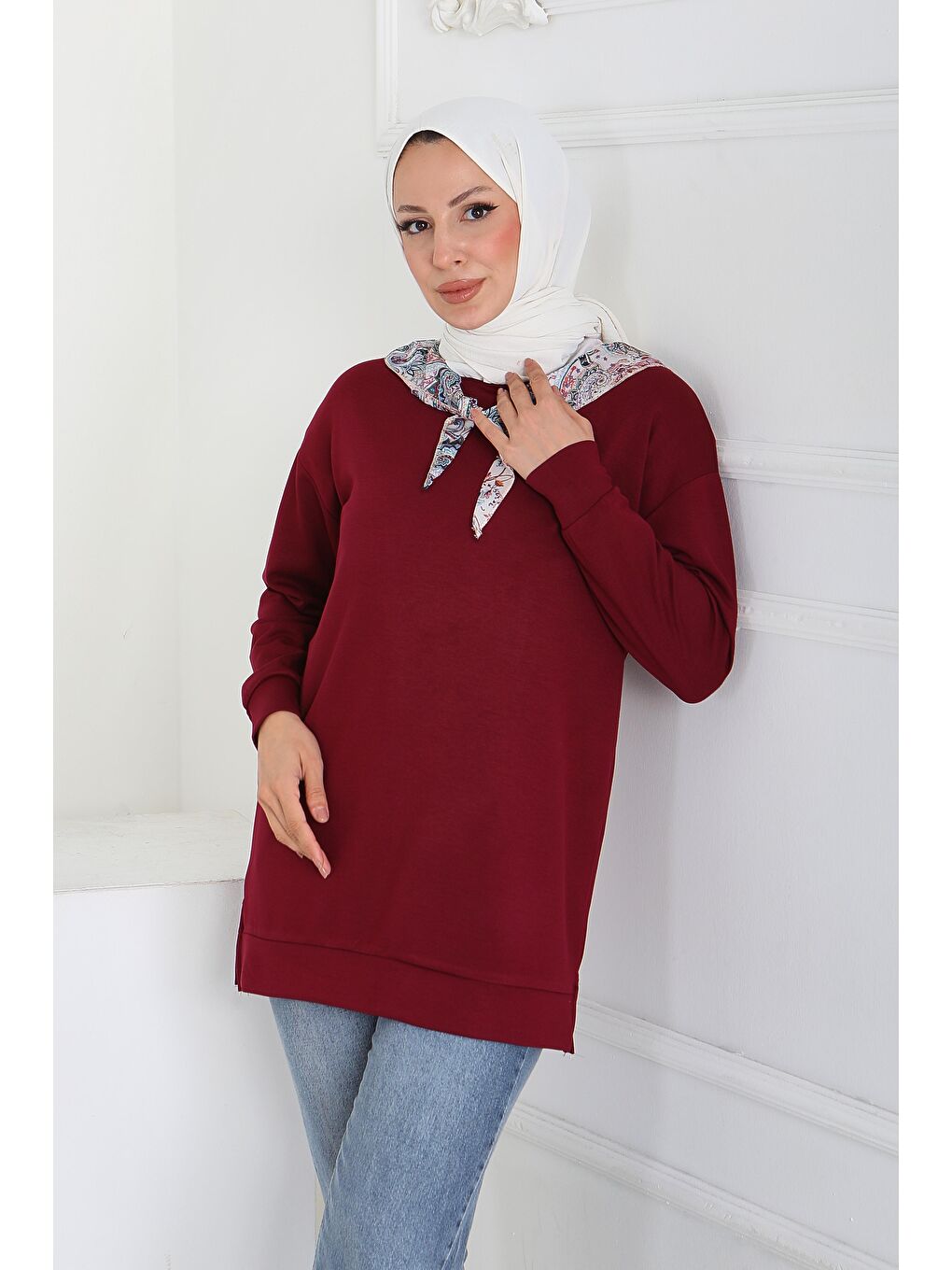 Fularlı Modal Tunik Bordo - 27873-BORDO-1