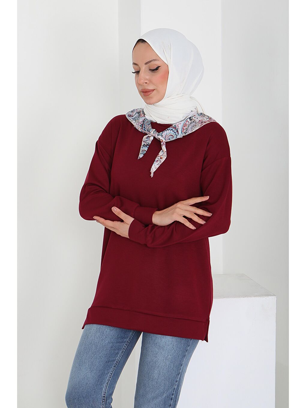 Fularlı Modal Tunik Bordo - 27873-BORDO-2