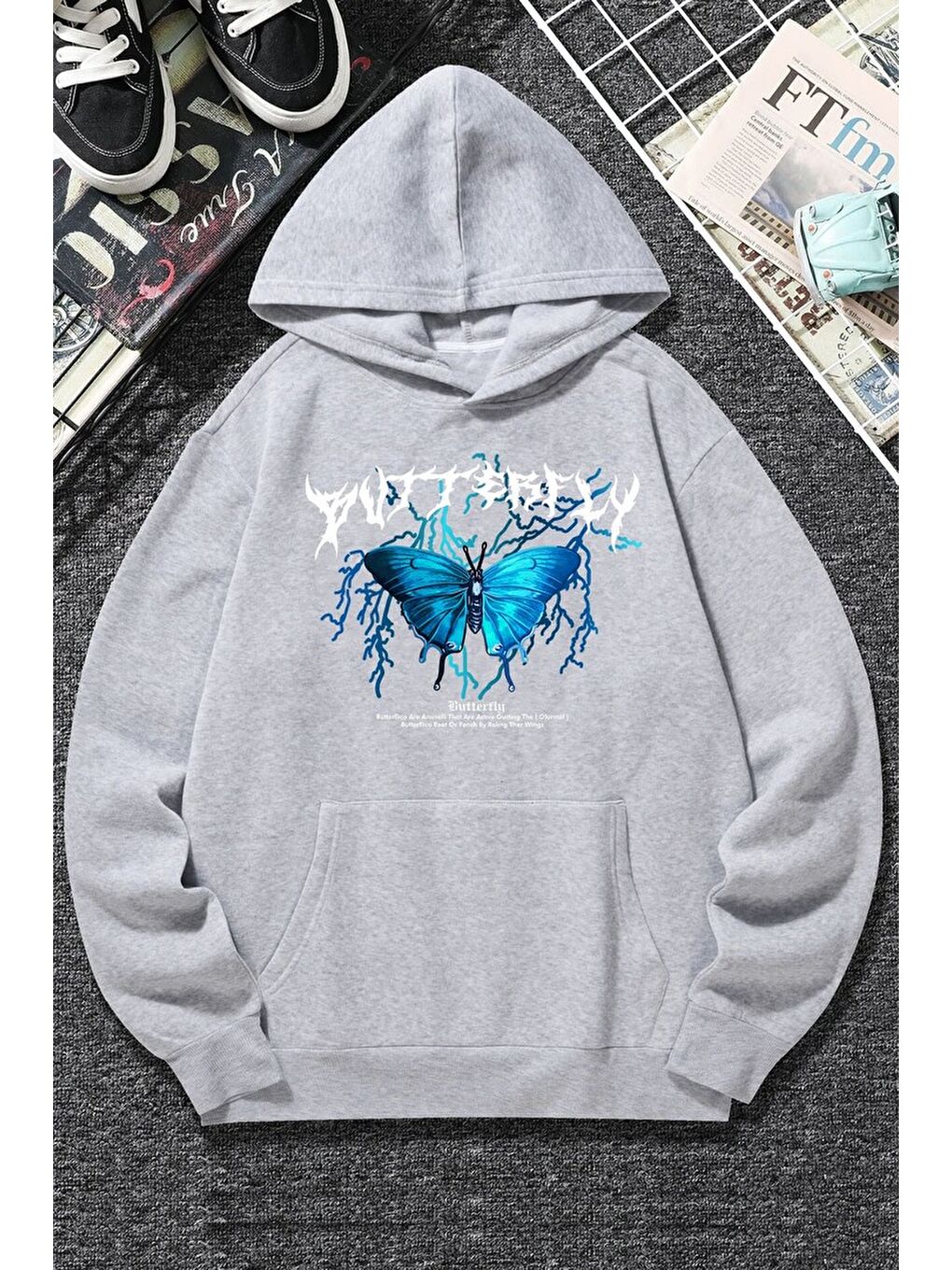 uyguntarz Gri Unisex Blue Butterfly Baskılı Sweatshirt