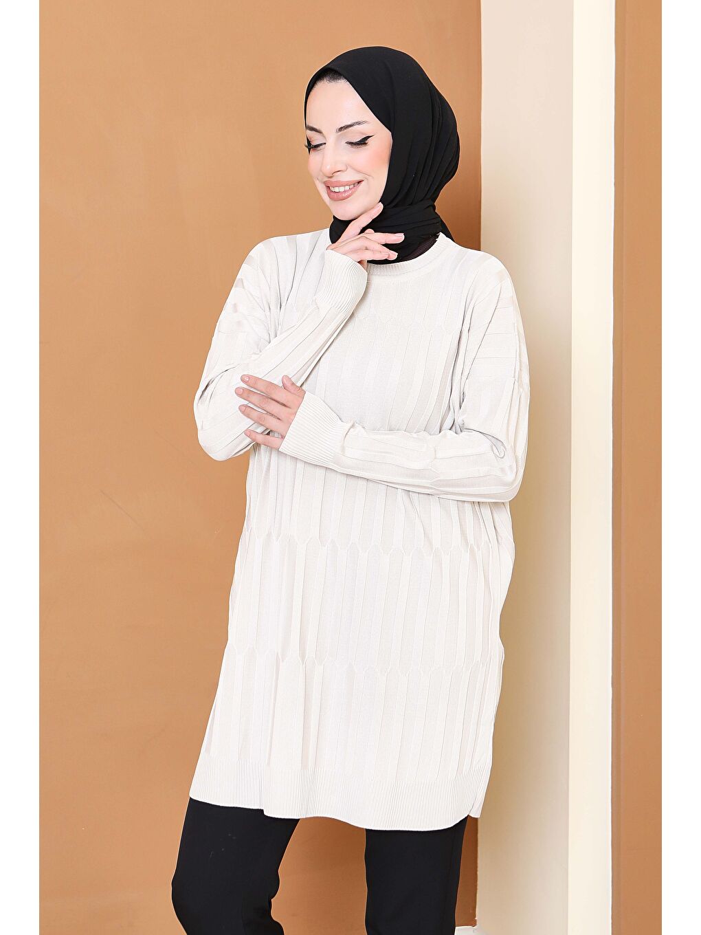 Ekru Janjanlı Triko Tunik Krem - 27797-KREM