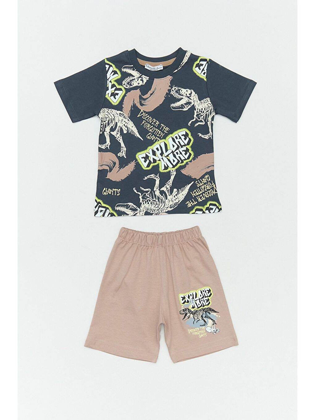 Bej Yazı Ve Dinozor Baskılı Erkek Çocuk Şortlu Takım