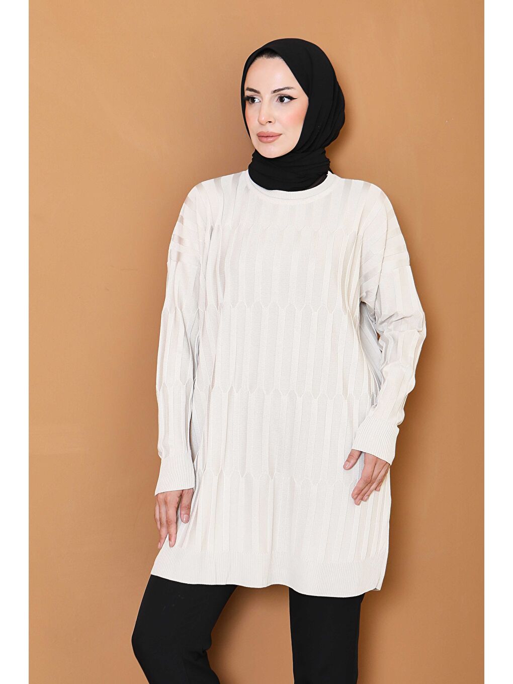 Ekru Janjanlı Triko Tunik Krem - 27797-KREM-1