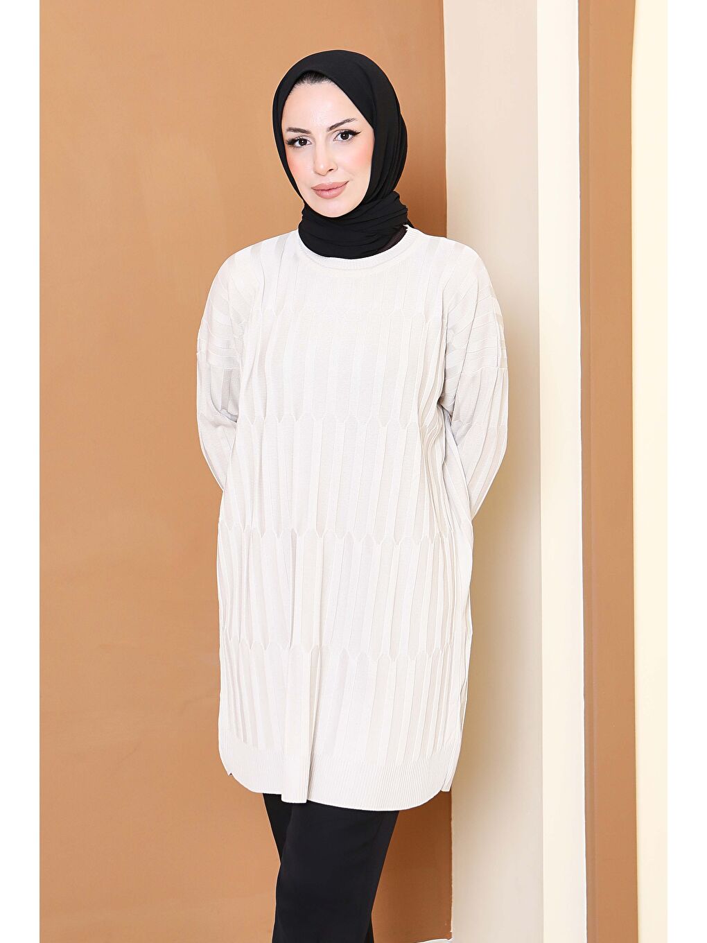 Ekru Janjanlı Triko Tunik Krem - 27797-KREM-2