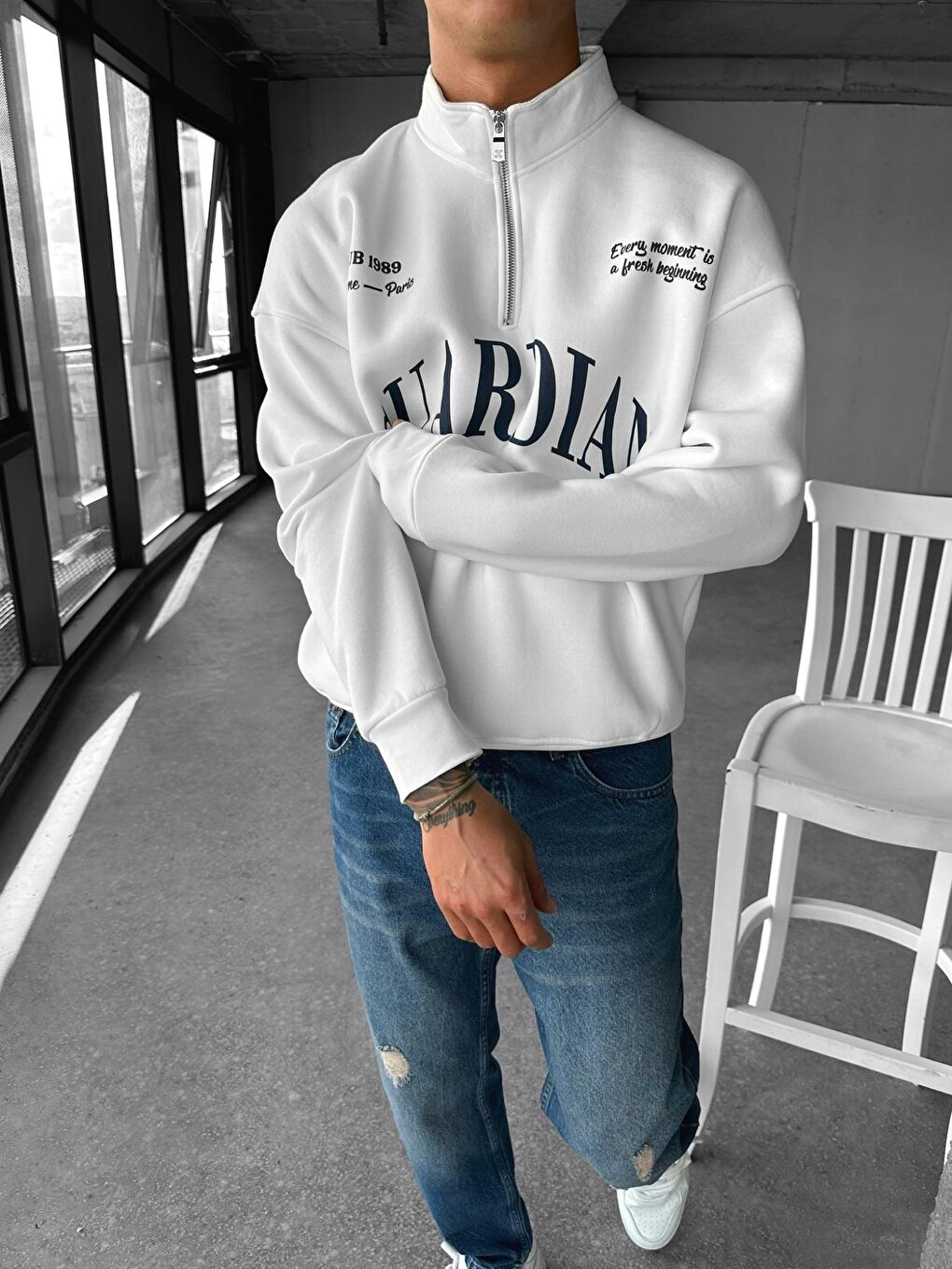 ablukaonline Erkek Oversize Yarım Fermuarlı Dik Yakalı Baskılı Sweatshirt Ekru - 2