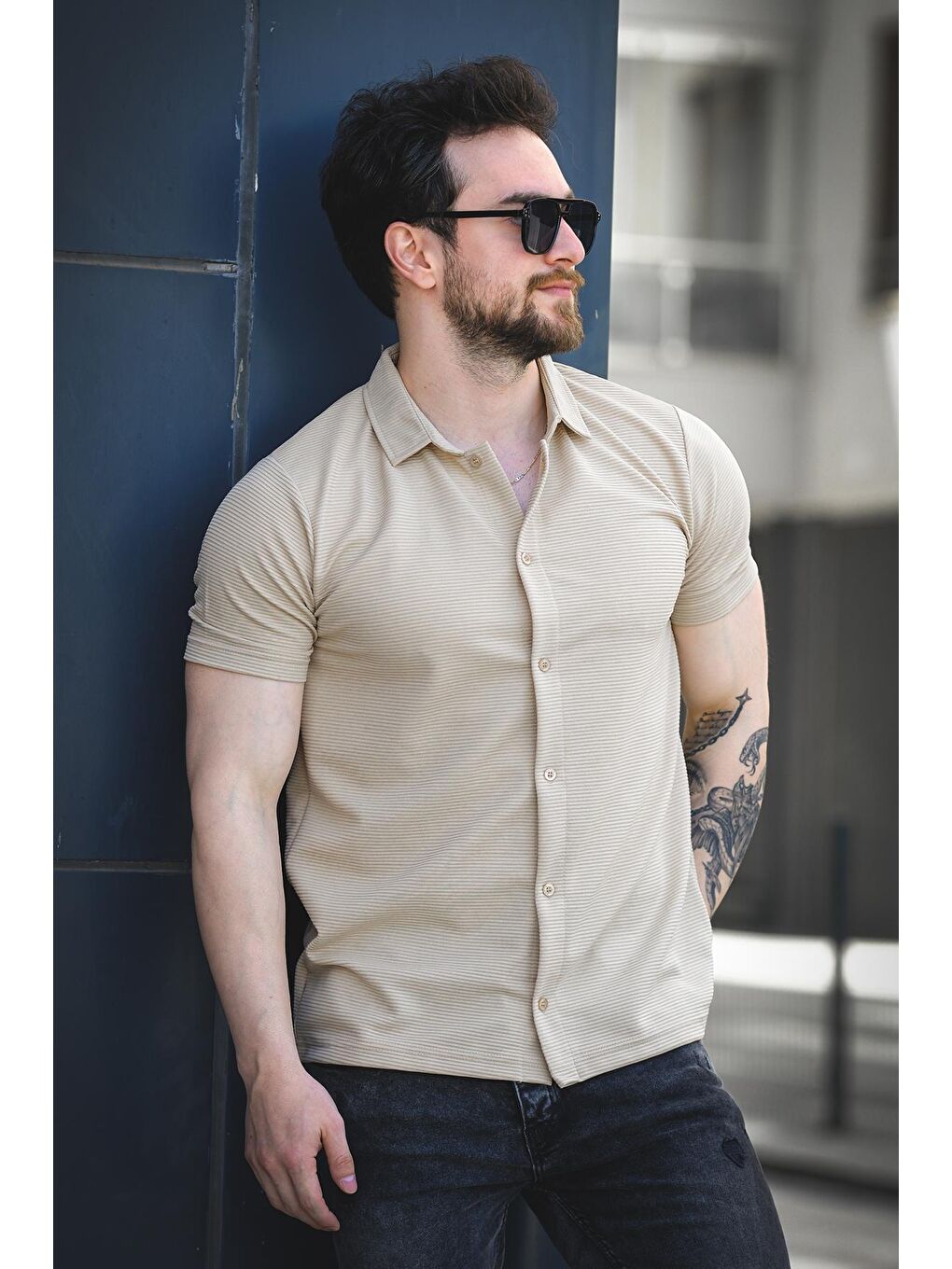 Bej Vitto Otoban Kumaş Slim Elastanlı Kısa Kol Erkek Gömlek-2