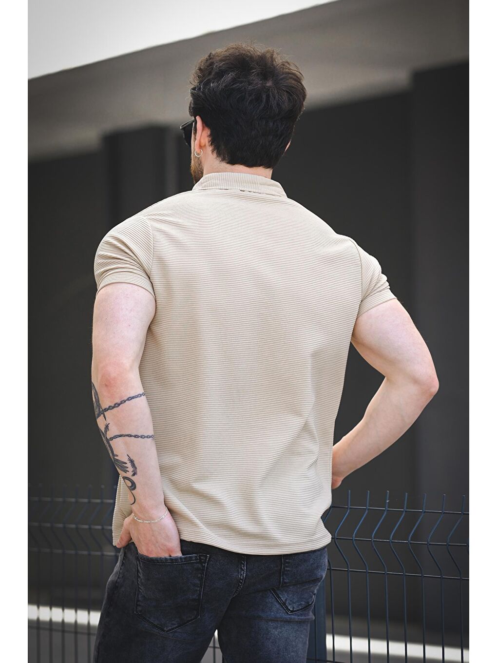 Bej Vitto Otoban Kumaş Slim Elastanlı Kısa Kol Erkek Gömlek-3
