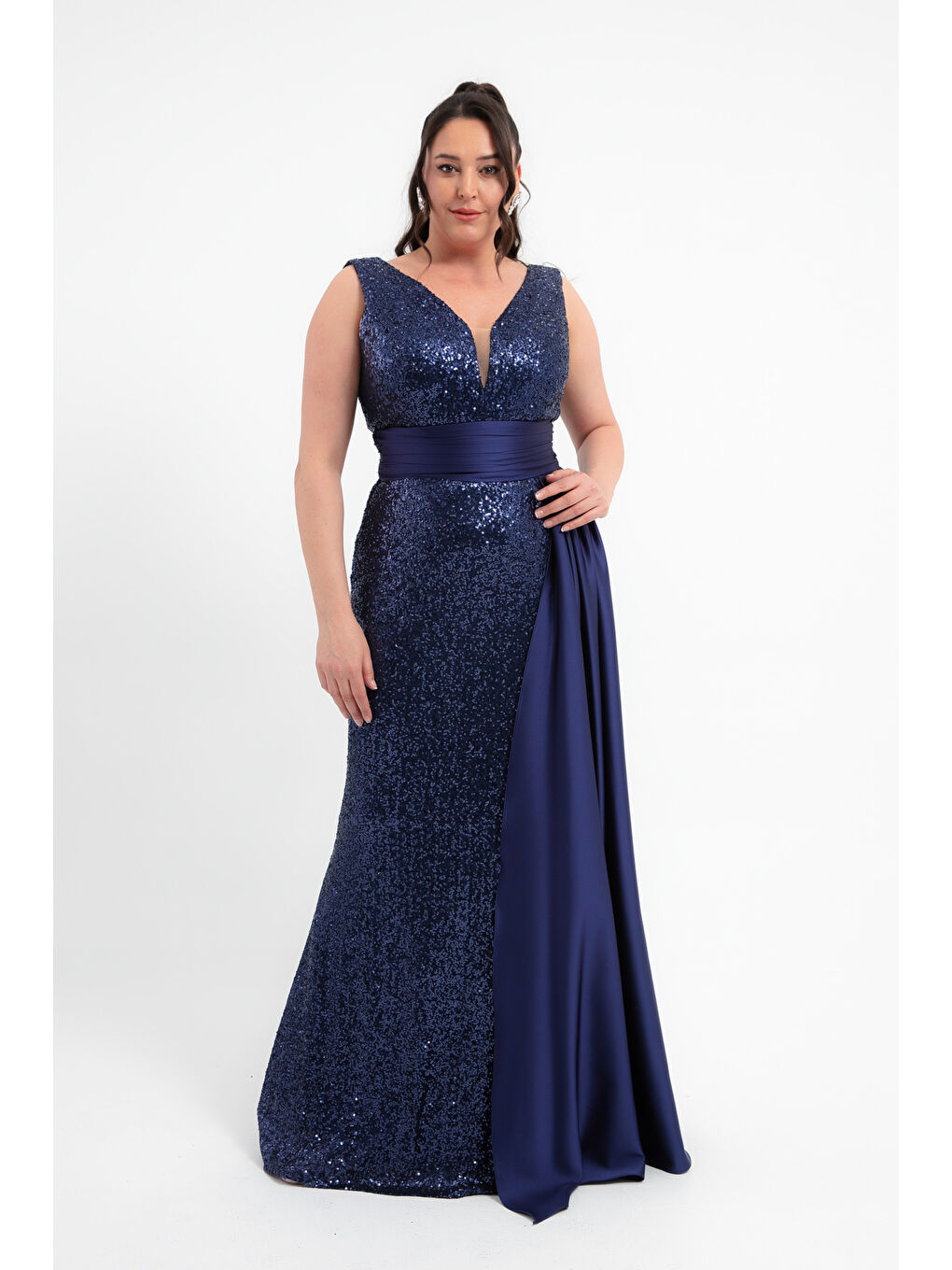Kadın Lacivert Bel Drapeli Pul Payet Uzun Büyük Beden Abiye Elbise-1