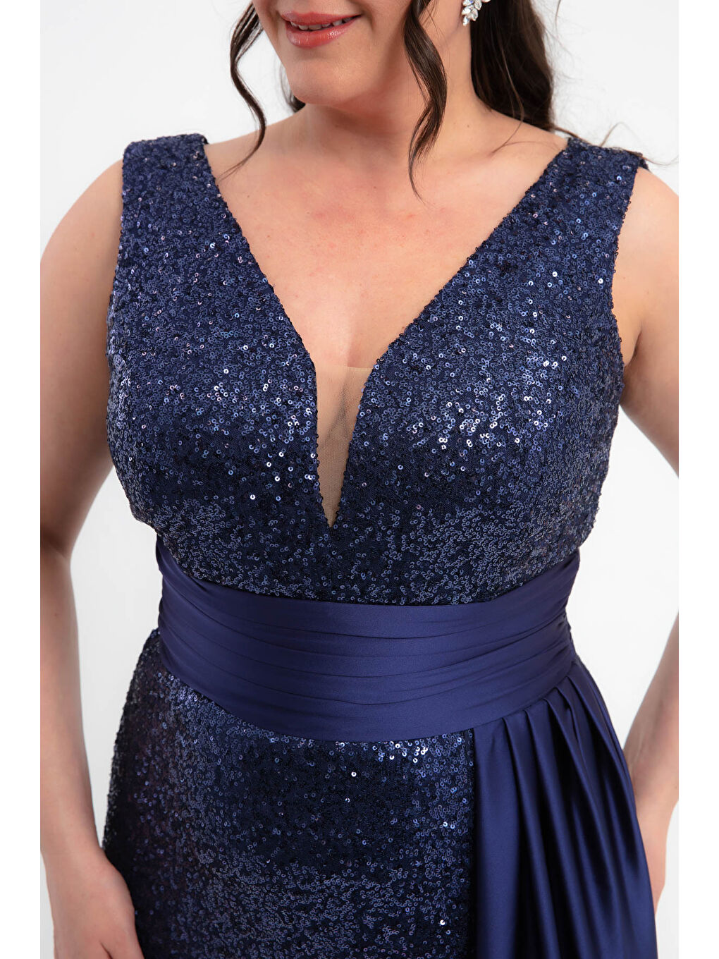 Kadın Lacivert Bel Drapeli Pul Payet Uzun Büyük Beden Abiye Elbise-3