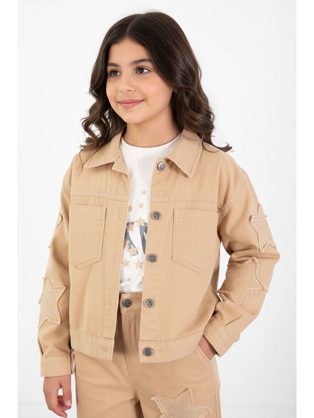 Bej Kolları Star Taşlı Jean Ceketli Kız Çocuk 3lü Alt Üst Takım 23427-1