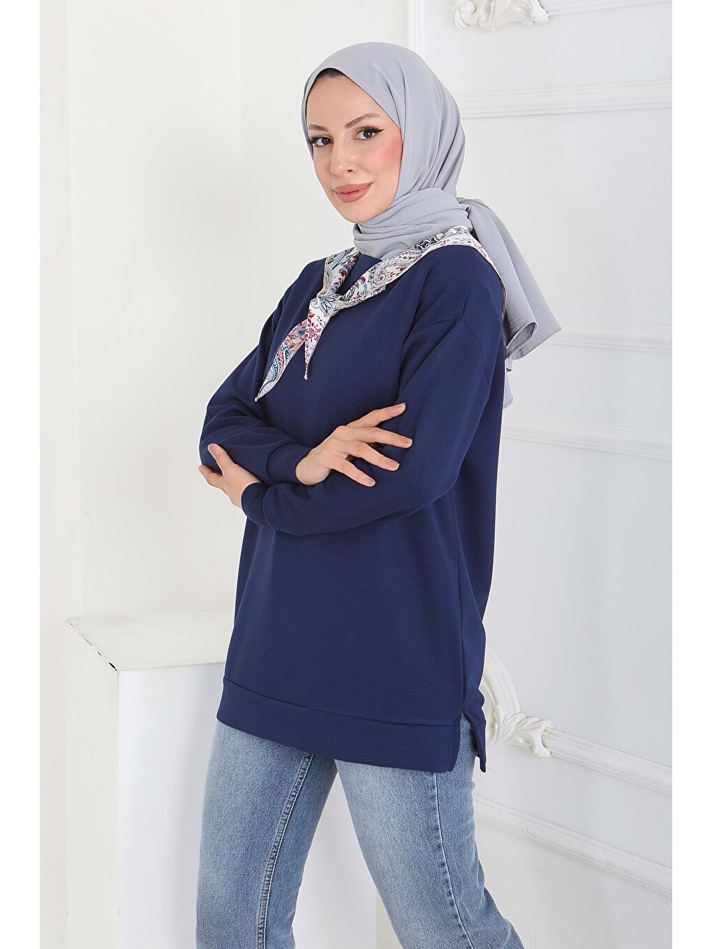 Fularlı Modal Tunik Lacivert - 27873-LACIVERT-1