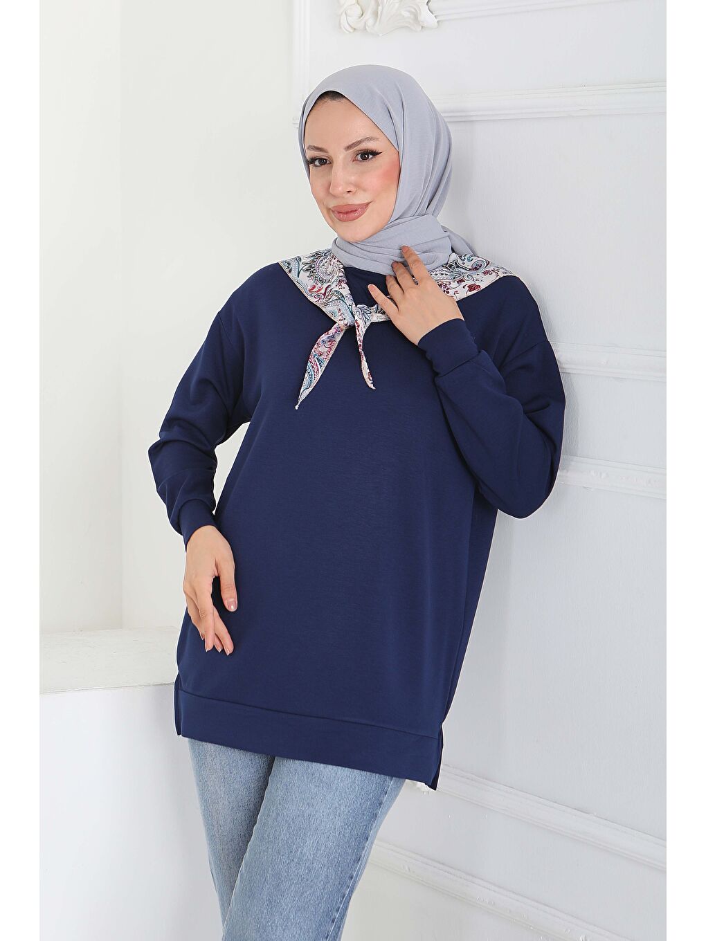 Fularlı Modal Tunik Lacivert - 27873-LACIVERT-2