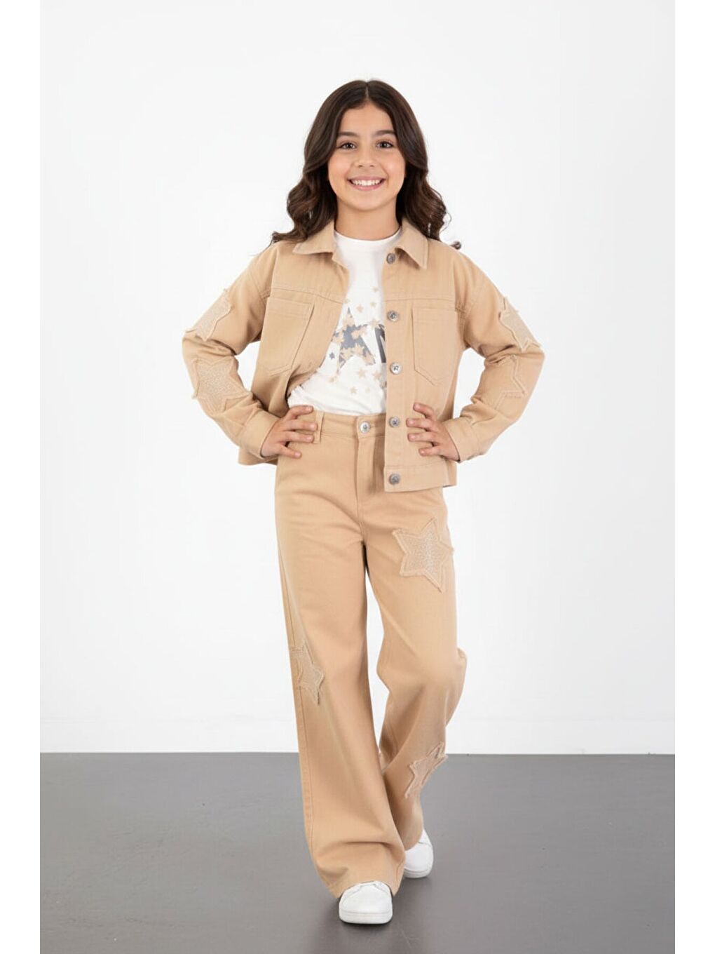 Bej Kolları Star Taşlı Jean Ceketli Kız Çocuk 3lü Alt Üst Takım 23427-2