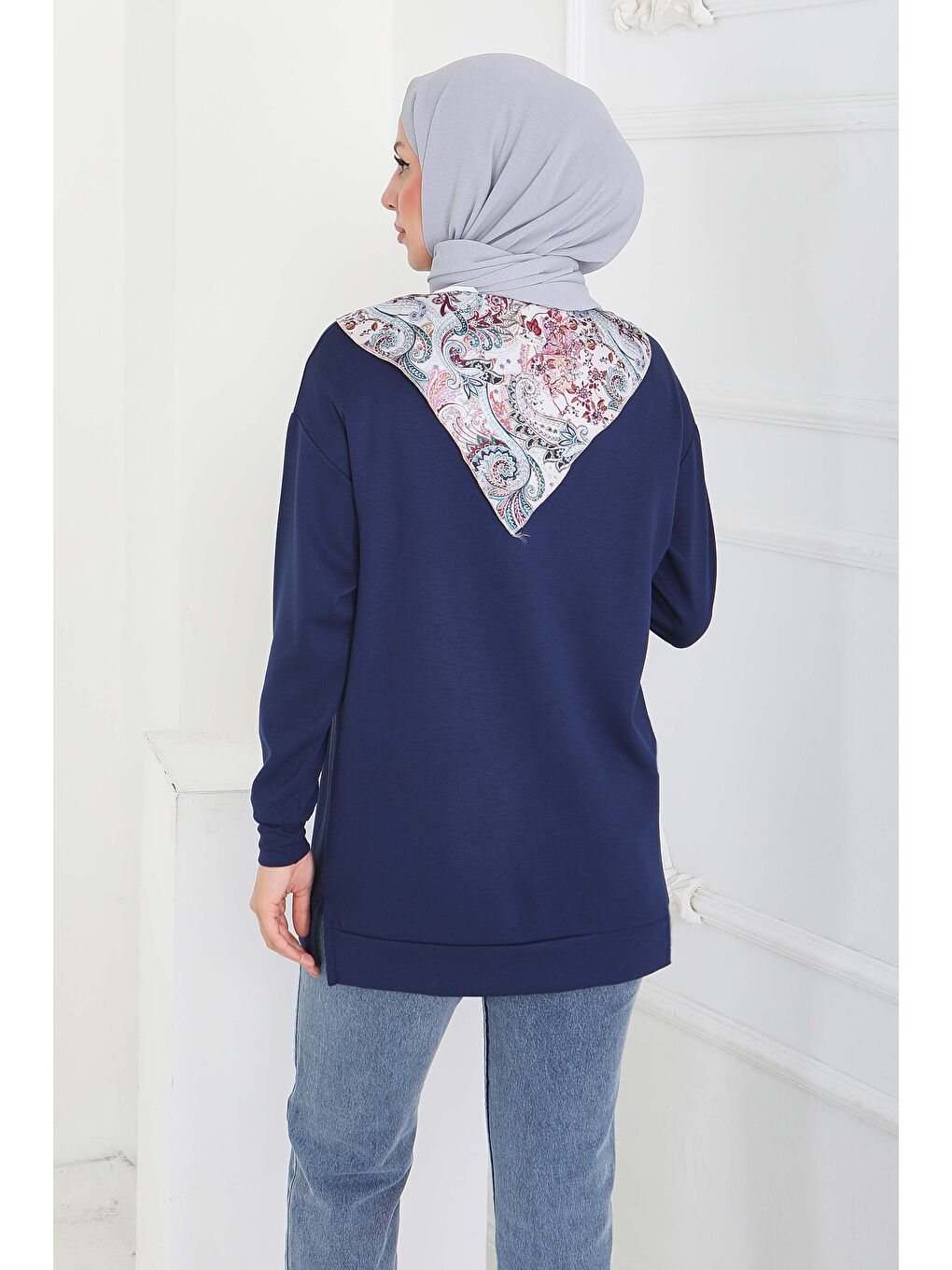 Fularlı Modal Tunik Lacivert - 27873-LACIVERT-3