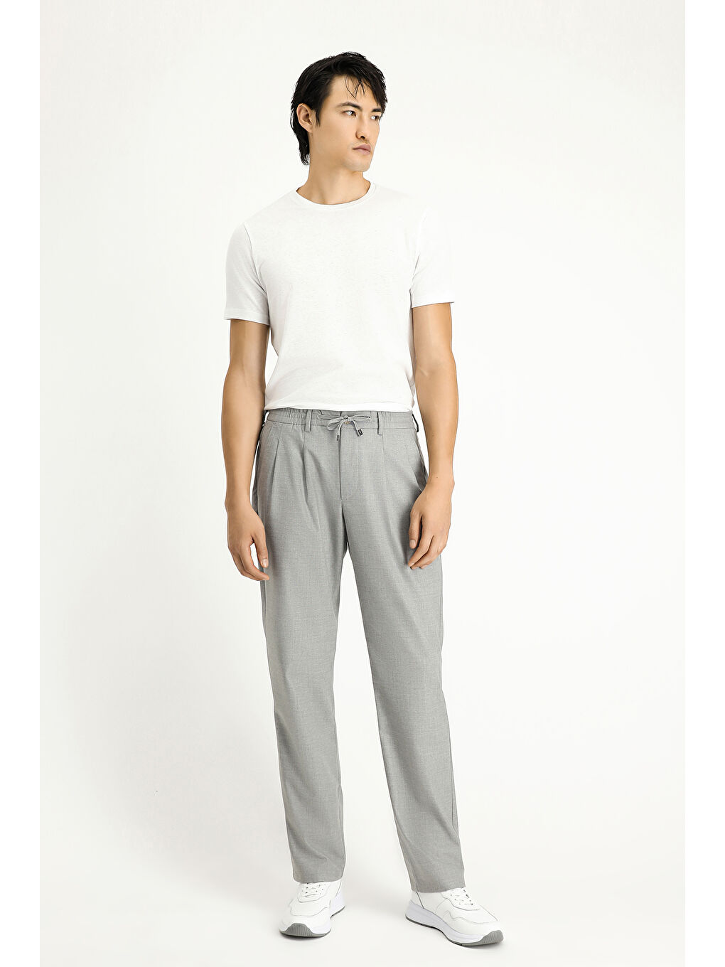 Gri Regular Fit Beli Lastikli İpli Elastanlı Pileli Pantolon