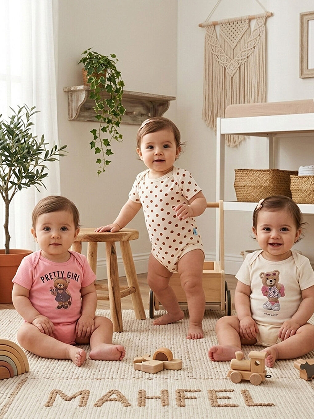 Gri 3'Lü %100 Pamuklu Organik Baskılı Kısa Kollu Çıtçıtlı Bebek Body Zıbın 783-784-1