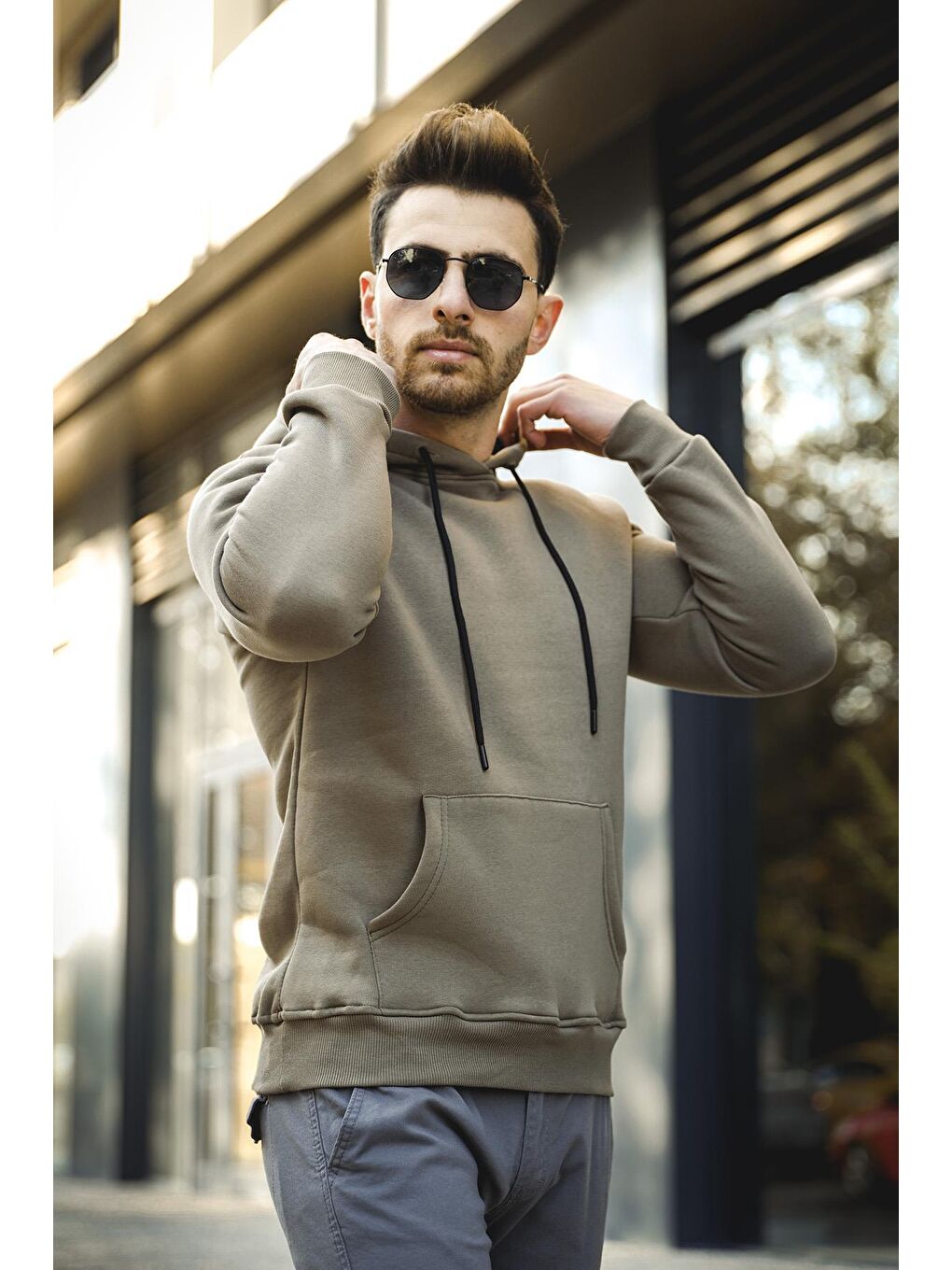 Oksit Yeşil Joachim Üç İplik Şardonlu Yarı Oversize Kapüşonlu Basic Erkek Sweatshirt