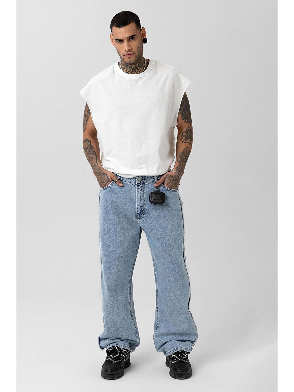 Yan Dikiş Detaylı Baggy Jean Açık Mavi Melanj