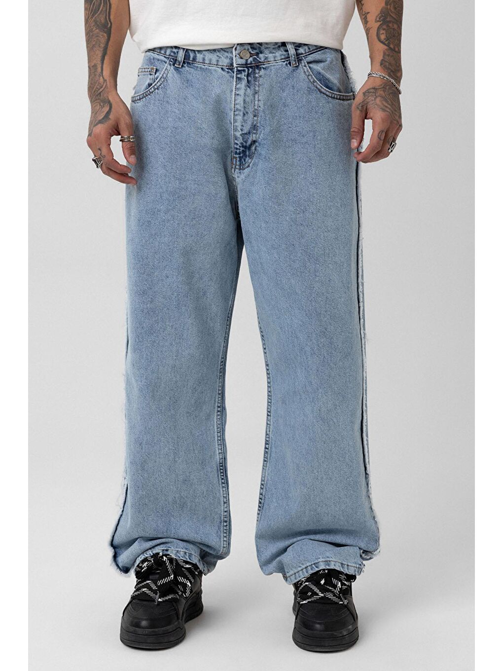 Yan Dikiş Detaylı Baggy Jean Açık Mavi Melanj-1