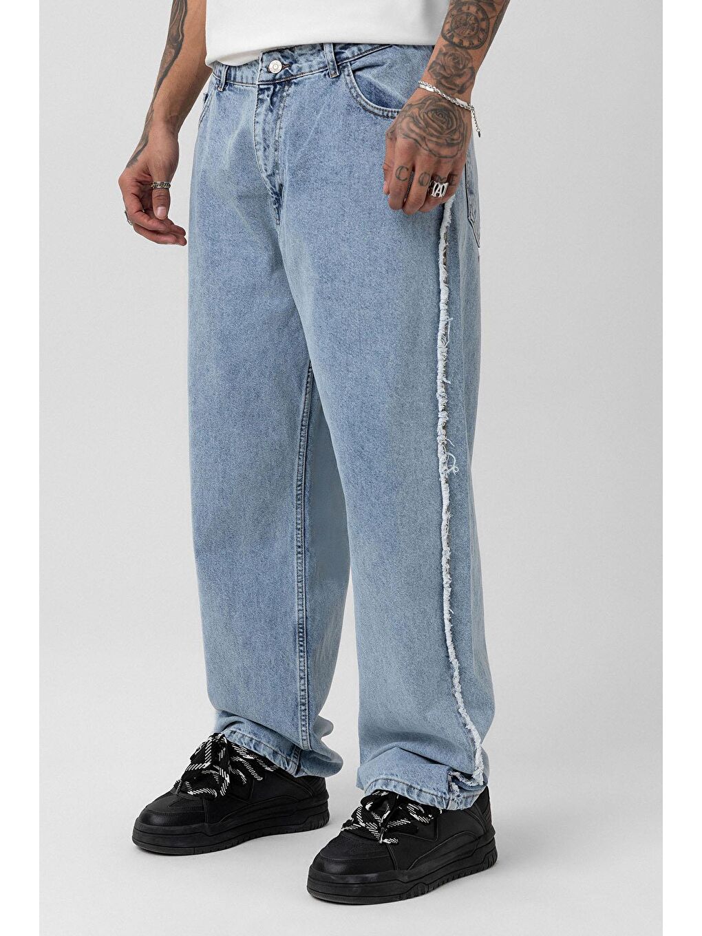 Yan Dikiş Detaylı Baggy Jean Açık Mavi Melanj-2