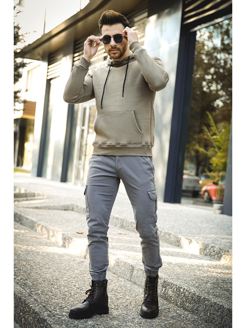 Oksit Yeşil Joachim Üç İplik Şardonlu Yarı Oversize Kapüşonlu Basic Erkek Sweatshirt - 1