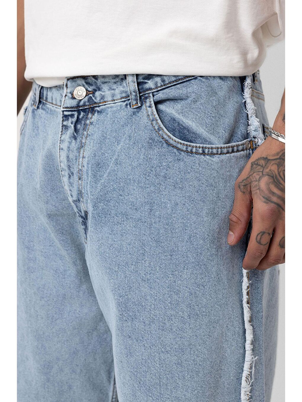 Yan Dikiş Detaylı Baggy Jean Açık Mavi Melanj-5
