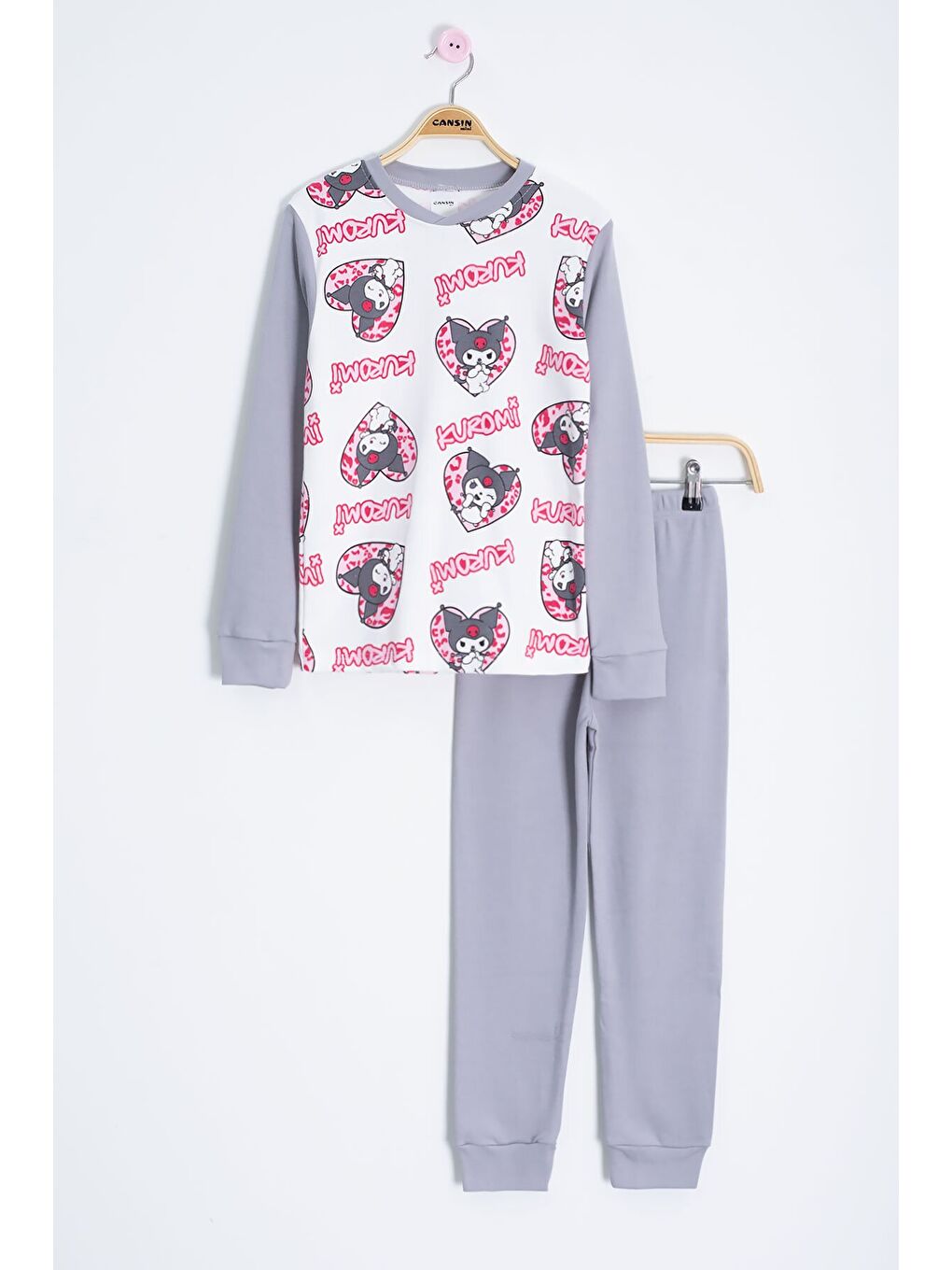 Pembe Kalpli Yazı Desenli Kız Çocuk Pijama Takımı 22766