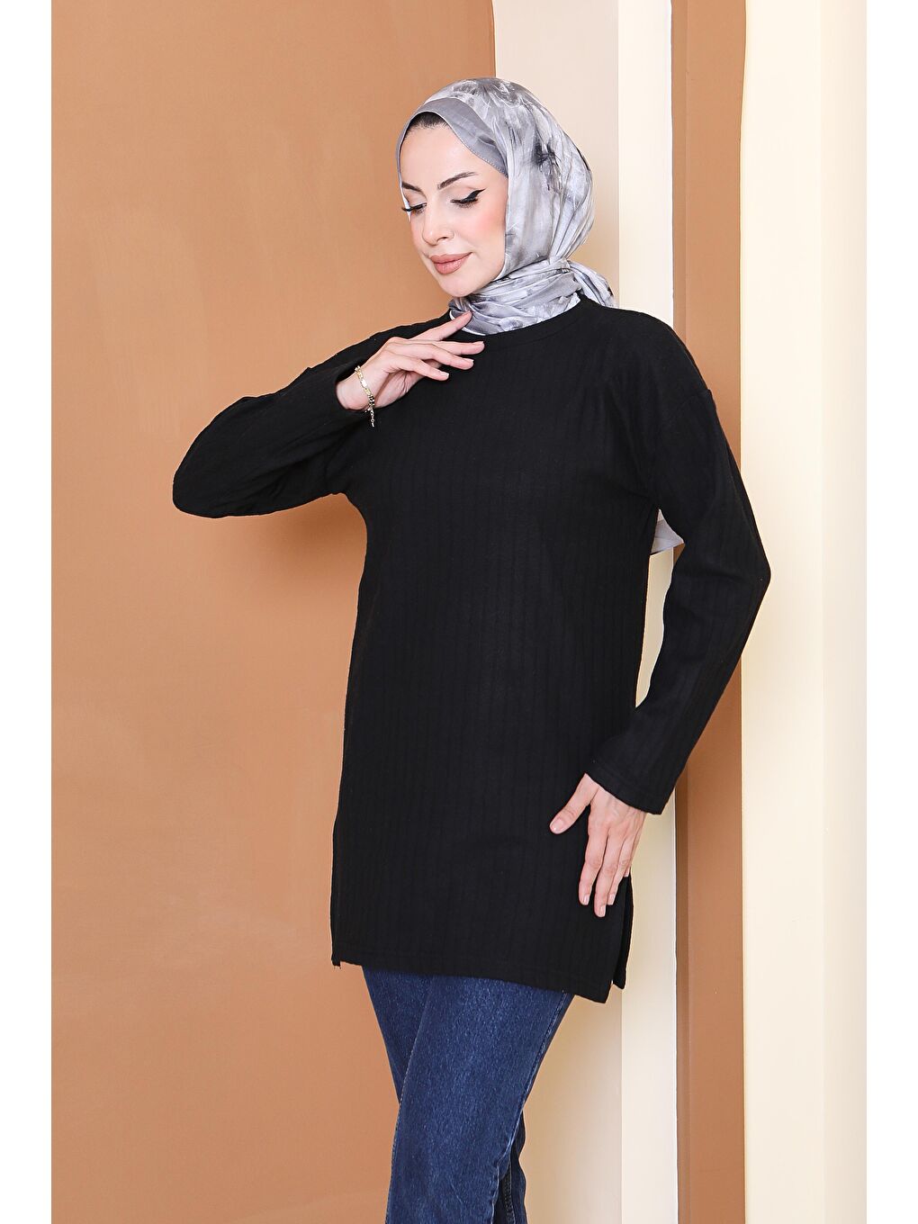 İnterlok Yırtmaçlı Tunik Siyah - 27803-SIYAH