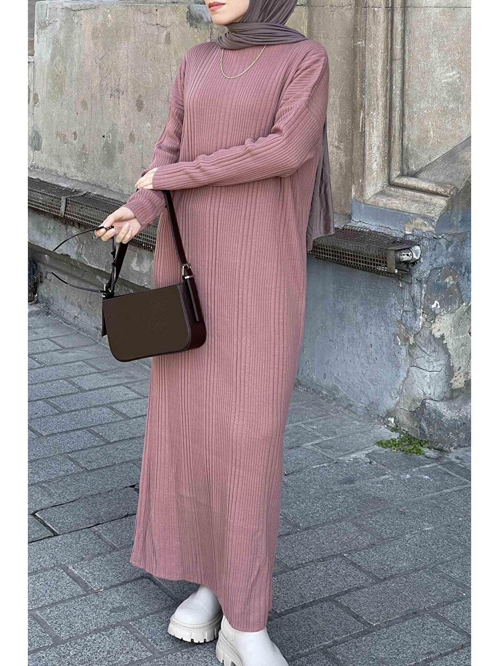 Pembe Fitilli Triko Uzun Elbise Gül-2