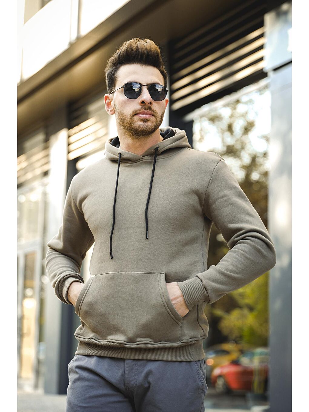 Oksit Yeşil Joachim Üç İplik Şardonlu Yarı Oversize Kapüşonlu Basic Erkek Sweatshirt - 2