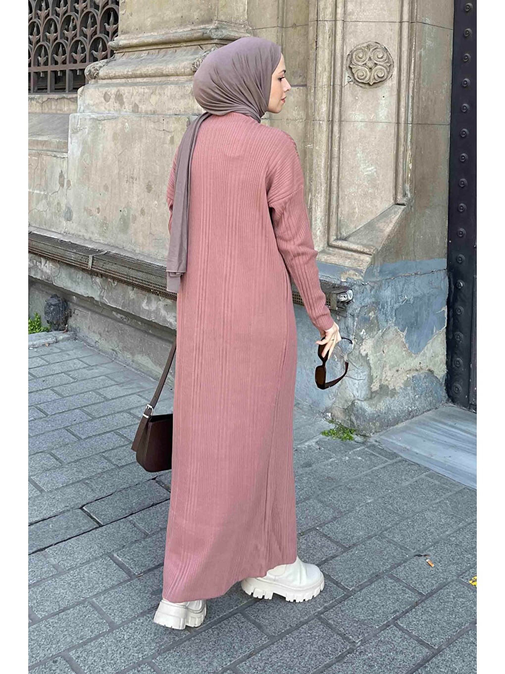 Pembe Fitilli Triko Uzun Elbise Gül-3