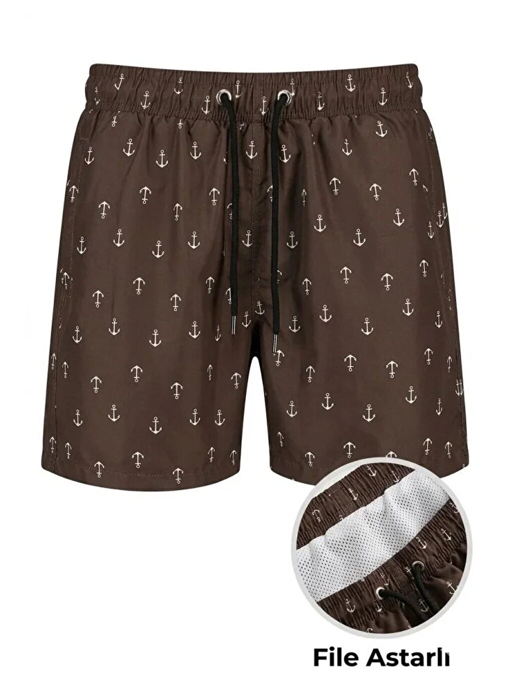 Erkek Deniz Şortu Fermuarlı Cepli File Astarlı Hızlı Kuruyan Premium - Kahverengi