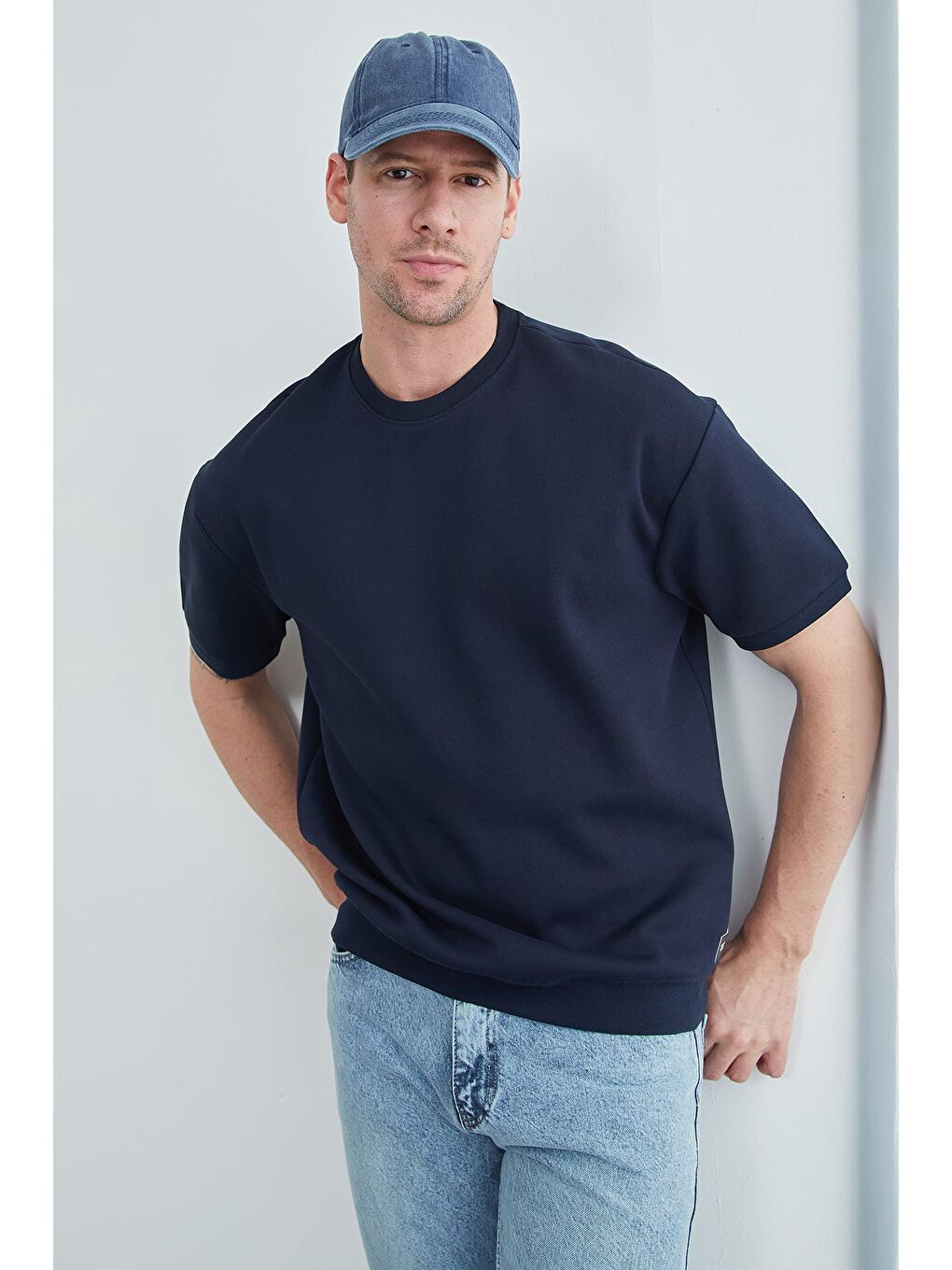 Lacivert Bisiklet Yaka Armalı Pike Tişört-1