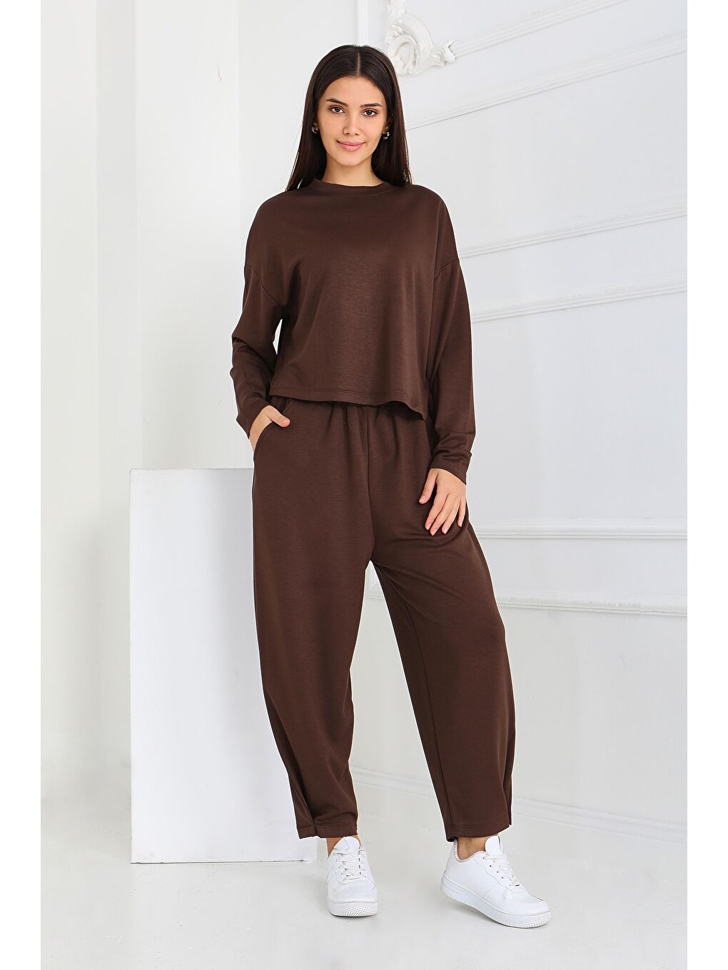 Kahverengi Şalvarlı Modal İkili Takım Kahve - 27869-KAHVE