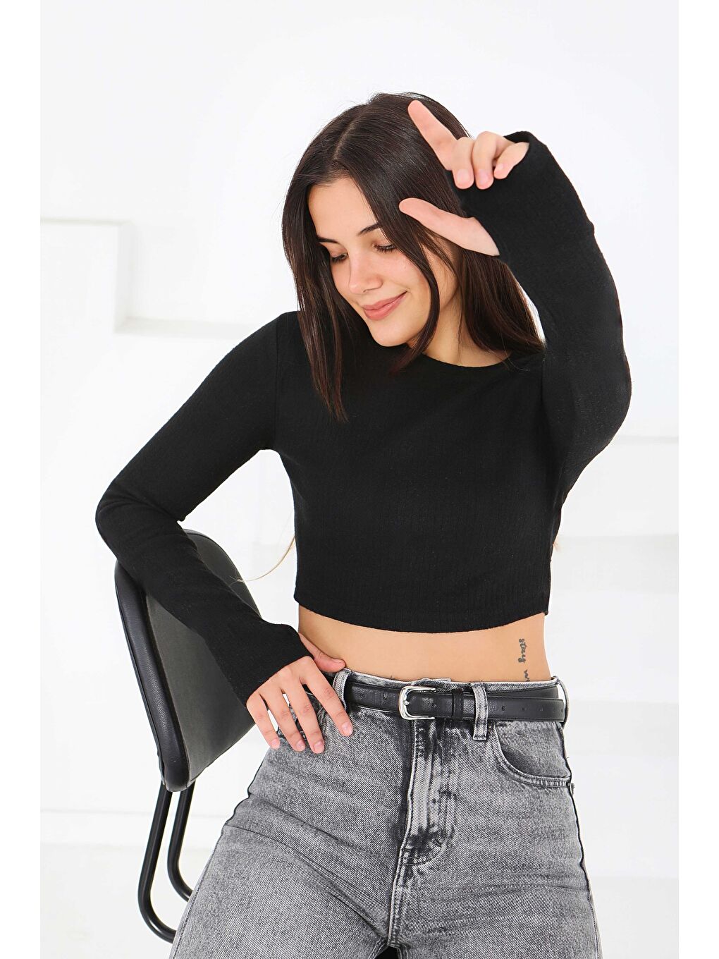Uzun Kollu Kaşkorse Crop Siyah - 27817-SIYAH-2