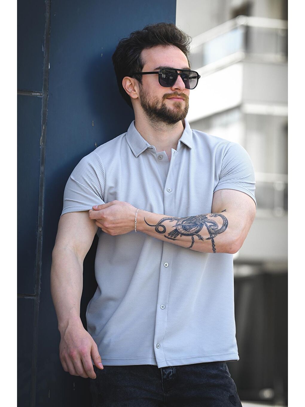 Gri Vitto Otoban Kumaş Slim Elastanlı Kısa Kol Erkek Gömlek-1