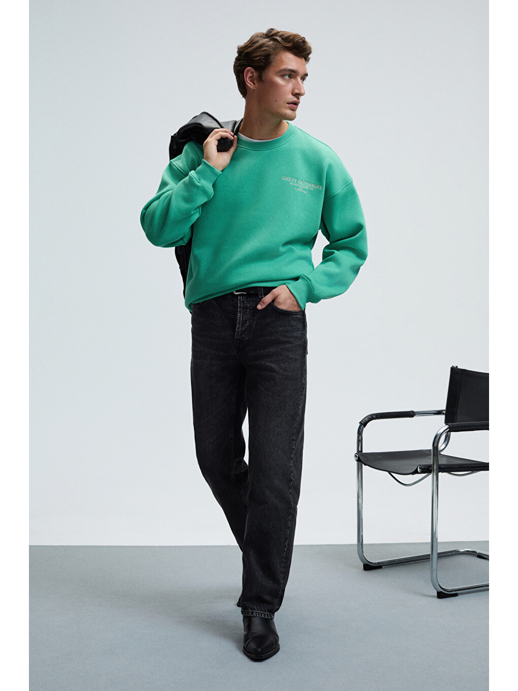 Percy Erkek Yuvarlak Yaka Göğsü Nakışlı Sırtı Baskılı Oversize Yeşil Sweatshirt-2