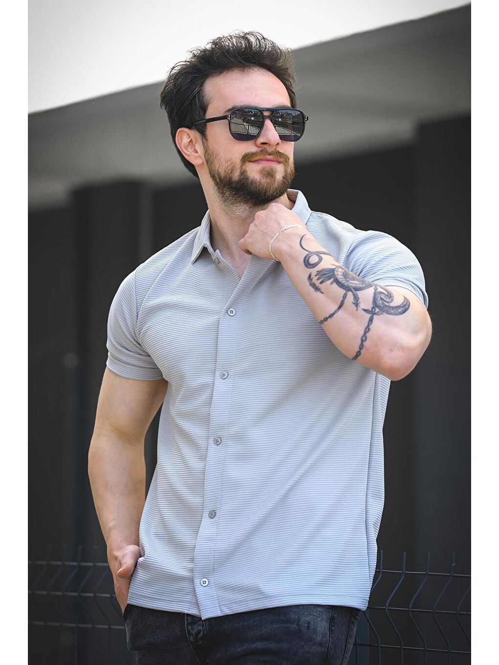 Gri Vitto Otoban Kumaş Slim Elastanlı Kısa Kol Erkek Gömlek-2