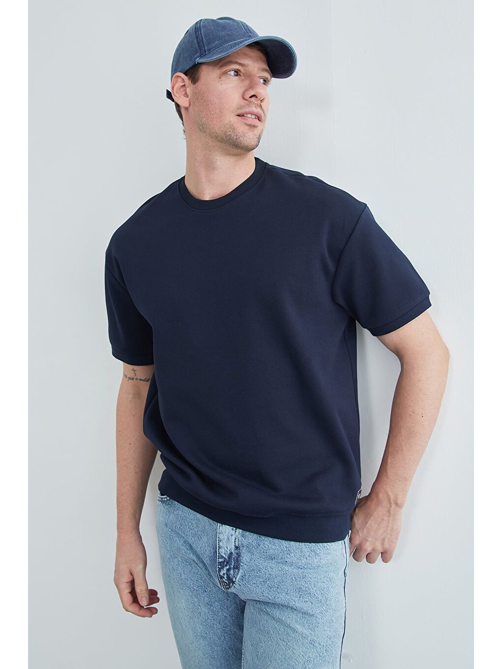 Lacivert Bisiklet Yaka Armalı Pike Tişört-4