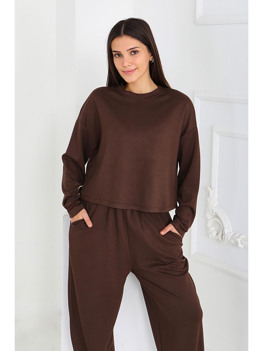 Kahverengi Şalvarlı Modal İkili Takım Kahve - 27869-KAHVE-1