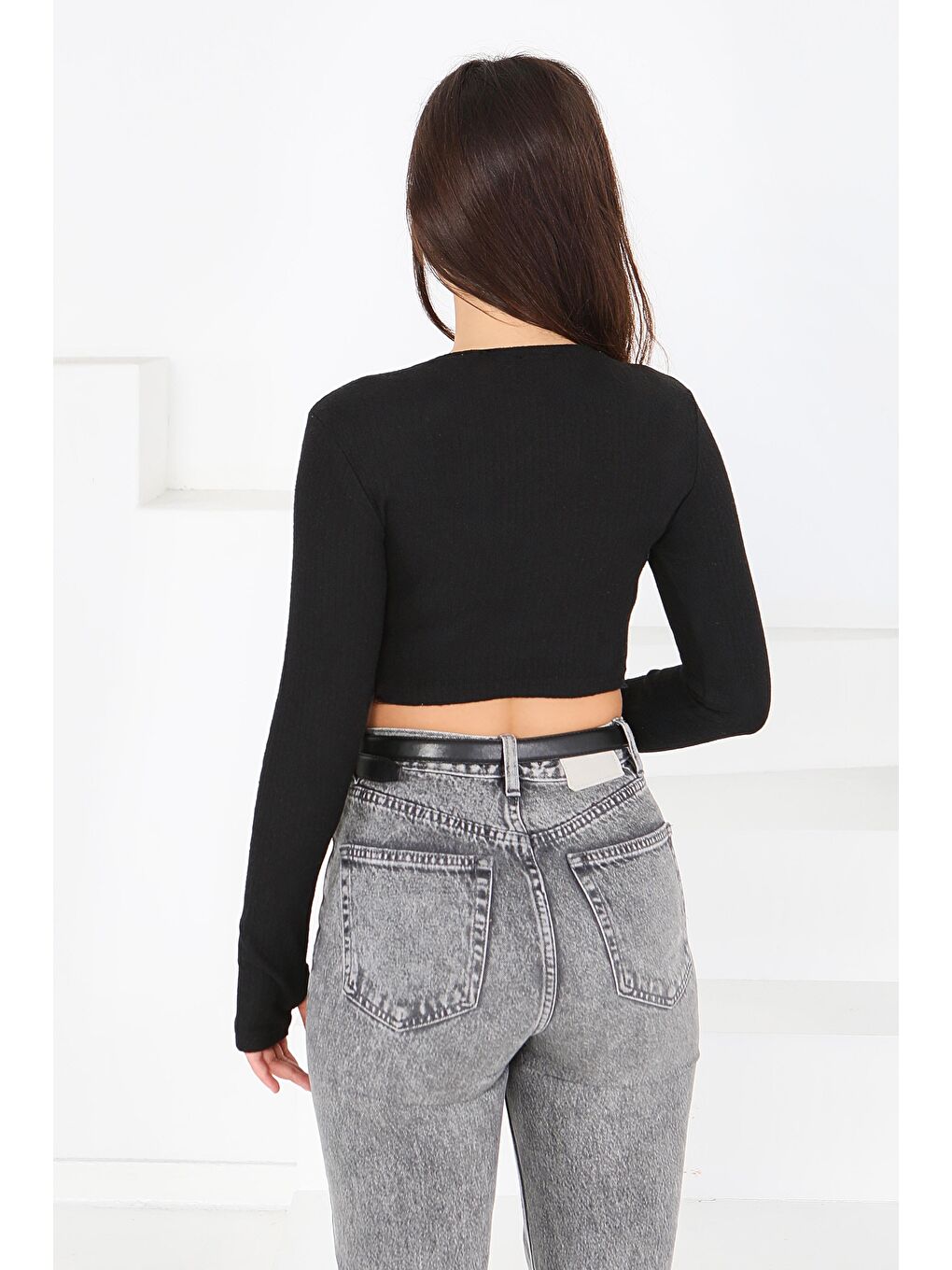 Uzun Kollu Kaşkorse Crop Siyah - 27817-SIYAH-3