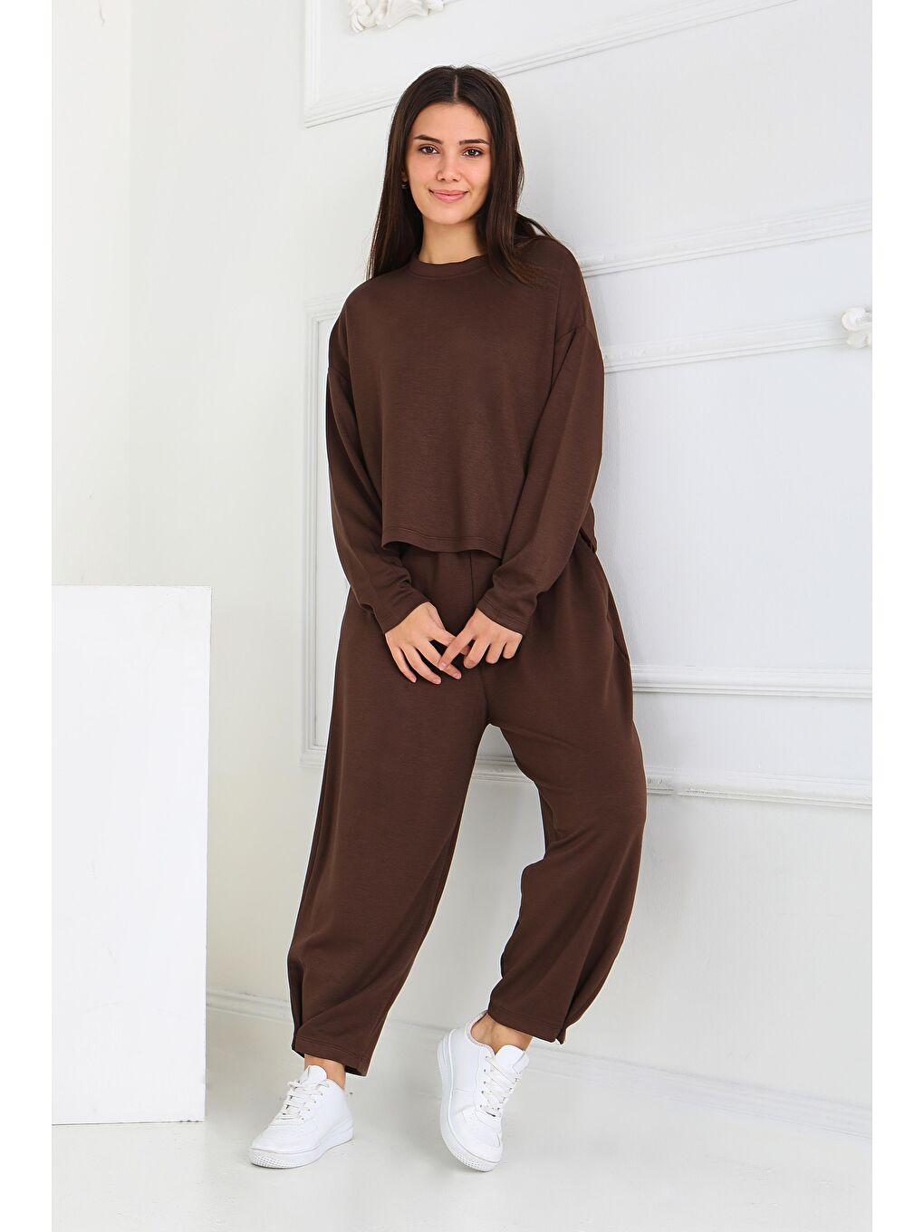 Kahverengi Şalvarlı Modal İkili Takım Kahve - 27869-KAHVE-2