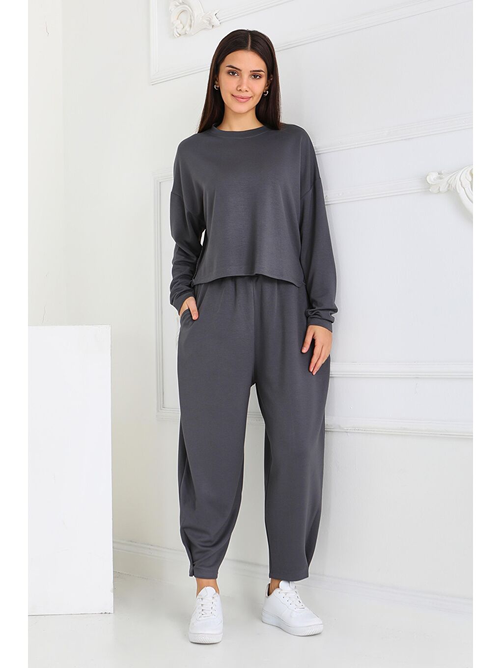 Gri Şalvarlı Modal İkili Takım Füme - 27869-FUME