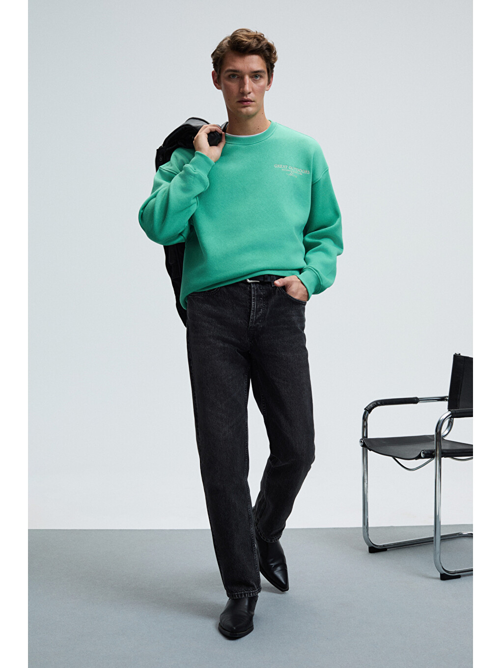Percy Erkek Yuvarlak Yaka Göğsü Nakışlı Sırtı Baskılı Oversize Yeşil Sweatshirt-3