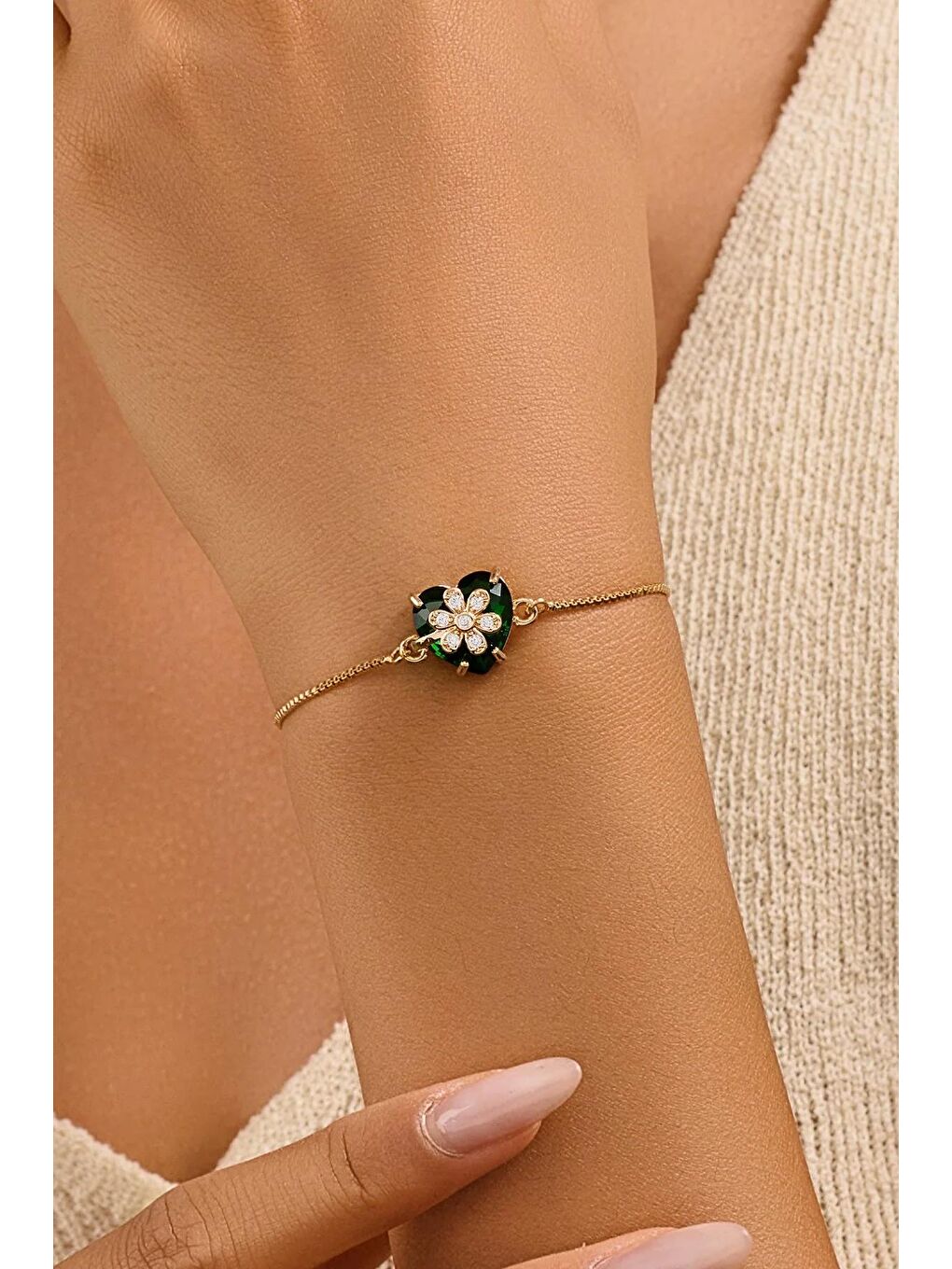 Yeşil 18 Ayar Gerçek Altın Kaplama Kristal Taşlı Asansör Bileklik