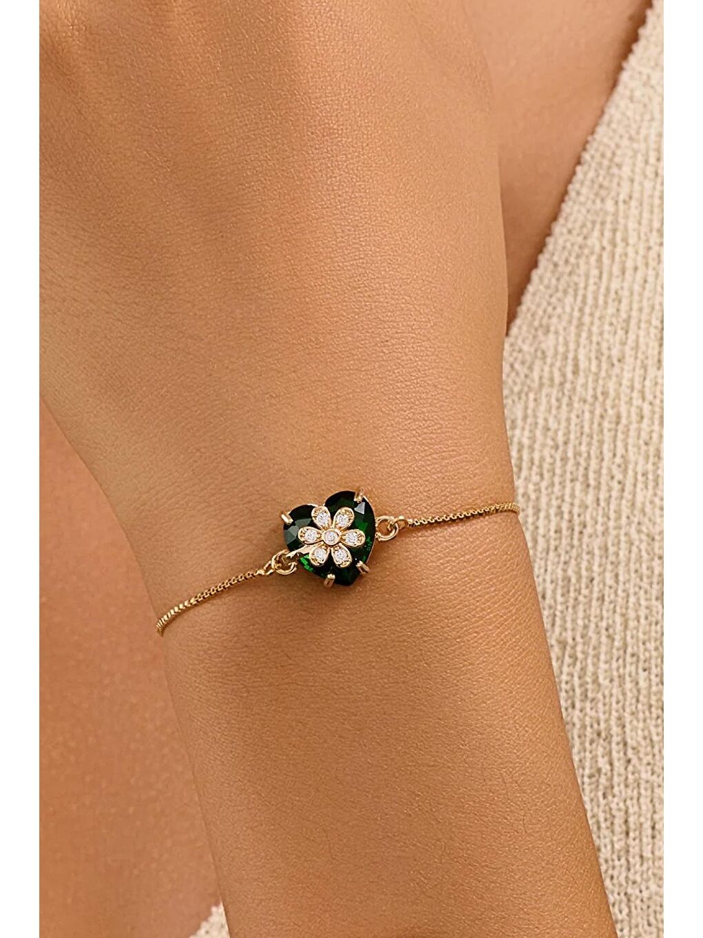 Yeşil 18 Ayar Gerçek Altın Kaplama Kristal Taşlı Asansör Bileklik-1